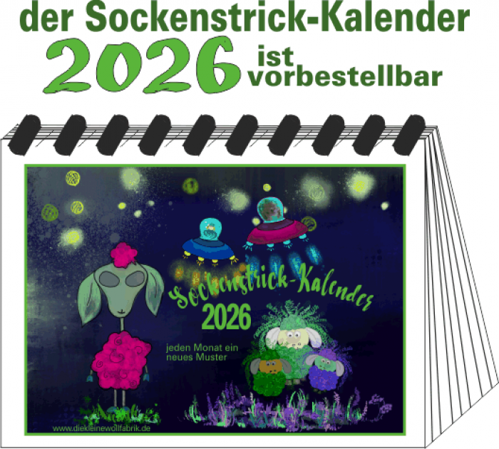 Strickkalender 2026, mit 12 Sockenstrickanleitungen und Wollsockenpaket